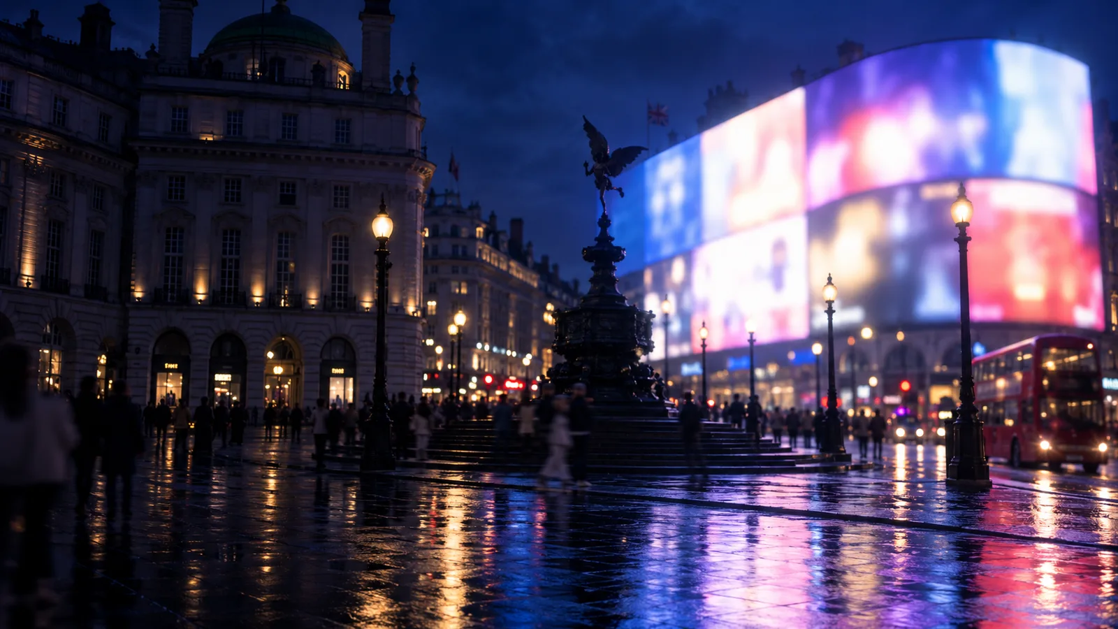 An AI-created London Piccadilly Circus scene with softly glowing billboards at dusk